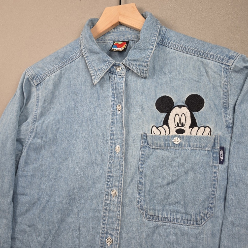 Vintage Disney Mickey Mouse Denim Shirt Womens M Light Blue Wash Pocket Peek 90s